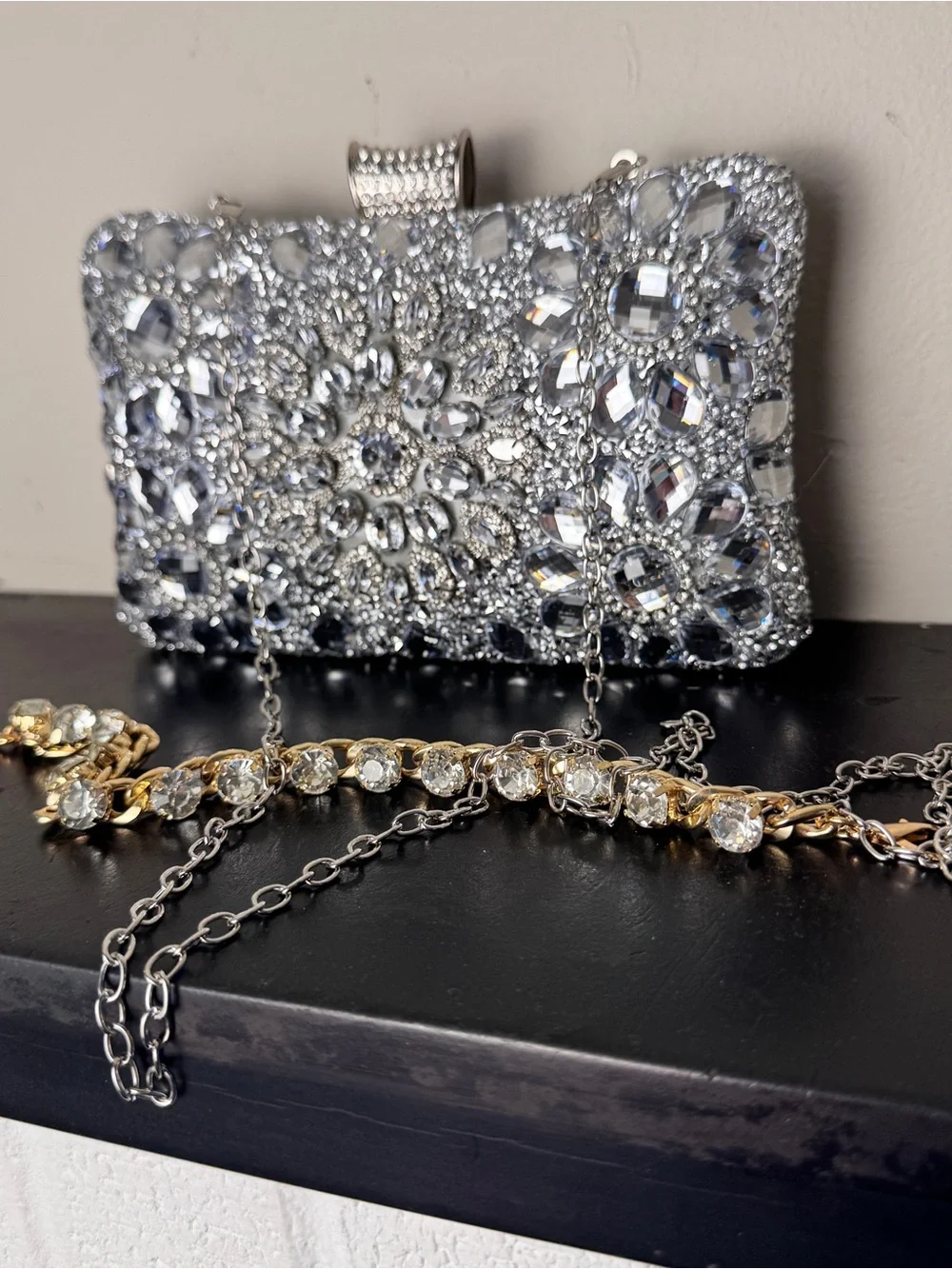 Silver Crystal Embellished Evening Clutch